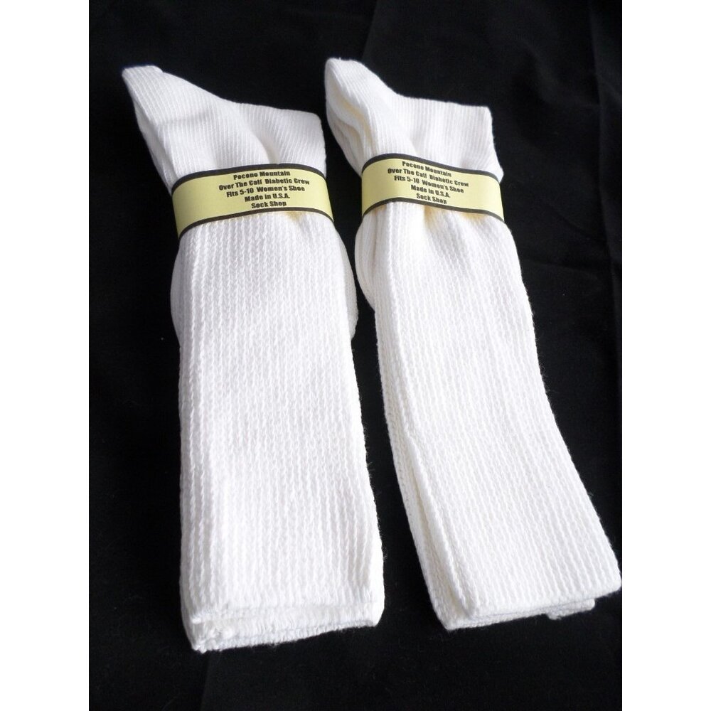 2 Pair Womens Over the Calf Diabetic Sock 100% Cotton 5-10 Made in USA White